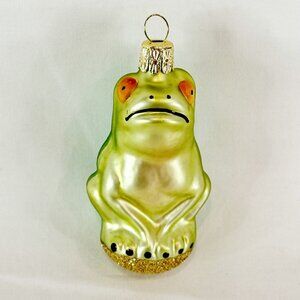 Vintage Blown Glass Frowning Green Frog Gold Glitter Spots Christmas Ornament 3"